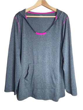 Sport Essentials Gray Hooded Pullover Top with Neon Pink Trim Plus size 2X